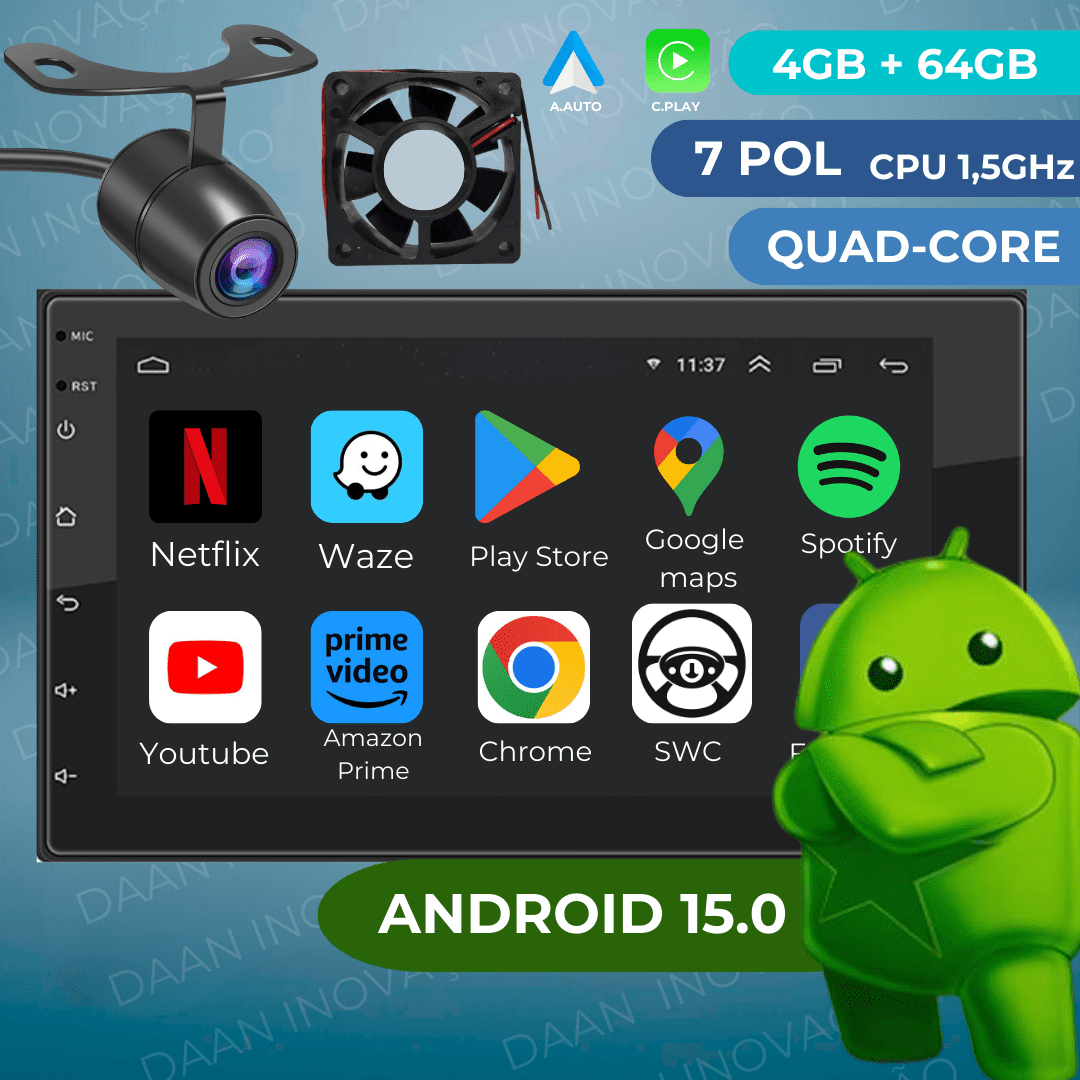 (Envio de SP) DAAN Central Android 15 4+64GB 7" 2 Din 1,5GHz
